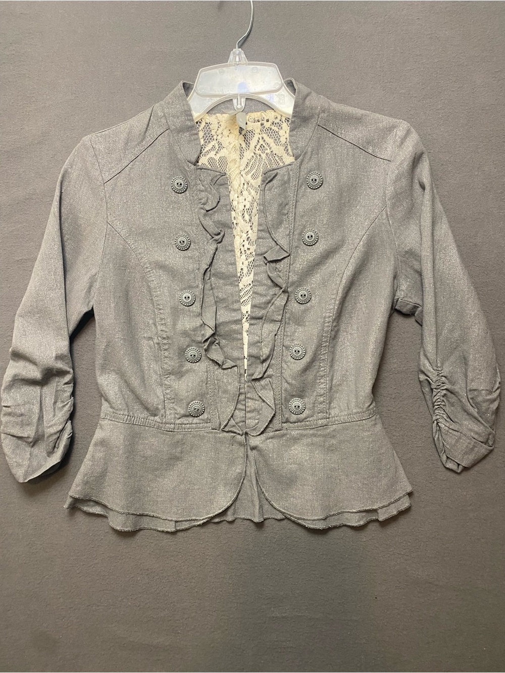 Vanity Ruffled Front Women's Blazer in Light Gray with Lace Inset Size Small
